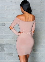 Sexy Slash Neck Long Sleeve Solid Color Bodycon Dress