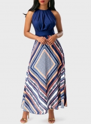 Sleeveless Geo Printed Maxi Chiffon Evening Dress