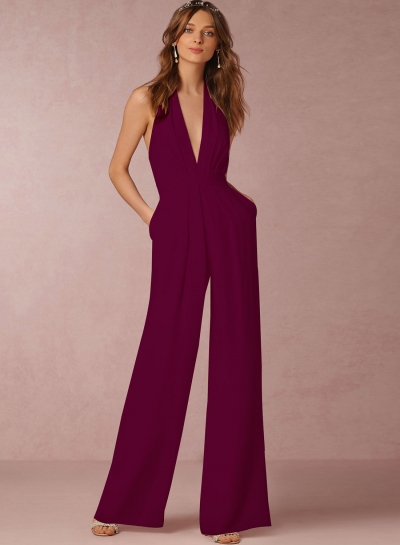 Fashion Halter V Neck Backless Wide-Leg Jumpsuit YOUYOUFASHIONEC.com