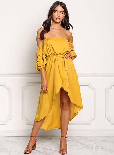 Strapless Puff Sleeve High Low Dress with Belt