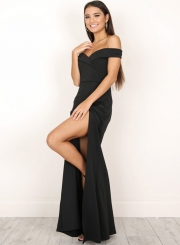 Fashion Off Shoulder Solid Color Slit Maxi Dress