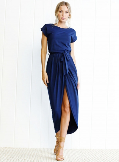 Short Sleeve Slit Maxi Dress with Belt STYLESIMO.com