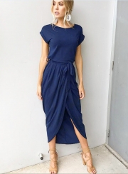 Short Sleeve Slit Maxi Dress with Belt