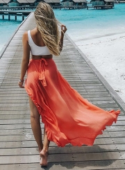 Fashion Elastic Waist High Slit Ruffle Maxi Skirt