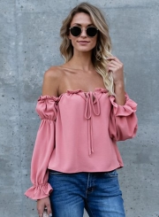 Fashion Off Shoulder Long Sleeve Ruffle Chiffon Blouse