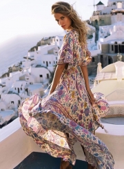 V Neck Short Sleeve Maxi Floral Boho Dress