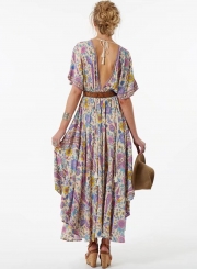 V Neck Short Sleeve Maxi Floral Boho Dress