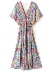 V Neck Short Sleeve Maxi Floral Boho Dress