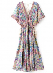 V Neck Short Sleeve Maxi Floral Boho Dress