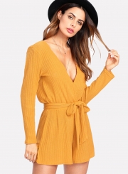 V Neck Long Sleeve Solid Romper with Belt