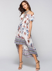 Off Shoulder Short Sleeve Floral Printed High Low Dress