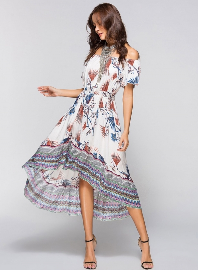 Off Shoulder Short Sleeve Floral Printed High Low Dress STYLESIMO.com
