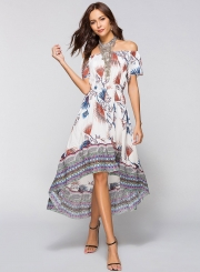 Off Shoulder Short Sleeve Floral Printed High Low Dress