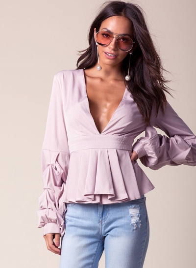 V Neck Ruffle Sleeve Peplum Blouse YOUYOUFASHIONEC.com