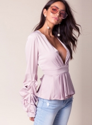 V Neck Ruffle Sleeve Peplum Blouse