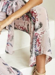 Sleeveless Backless Floral Wide Leg Jumpsuit with Belt