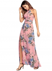 Halter Sleeveless Floral Slit Maxi Boho Chiffon Dress