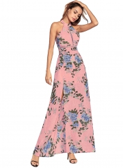 Halter Sleeveless Floral Slit Maxi Boho Chiffon Dress