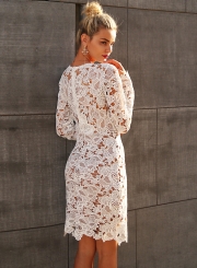 Fashion V Neck Long Sleeve Lace Bodycon Midi Dress