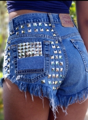 Fashion Rivet Denim Shorts with Tassel