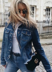 Fashion Long Sleeve Ripped Denim Jacket