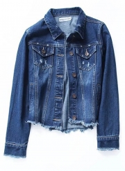 Fashion Long Sleeve Ripped Denim Jacket