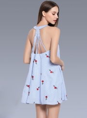Stripe Floral Embroidery Sleeveless Halter Dress