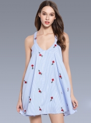 Stripe Floral Embroidery Sleeveless Halter Dress