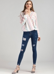 Stripe V Neck Chiffon Blouse