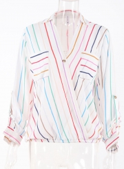 Stripe V Neck Chiffon Blouse