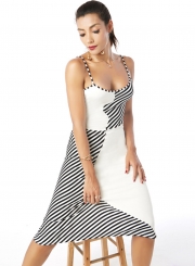 Spaghetti Strap Sleeveless Contrast Color Stripe Dress