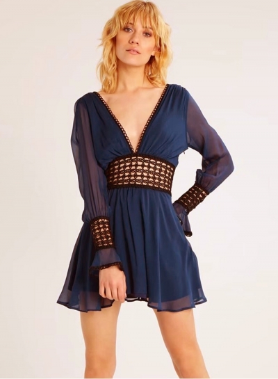 V Neck Backless Long Sleeve A-line Mini Dress LZDINTECOMMERCE.com