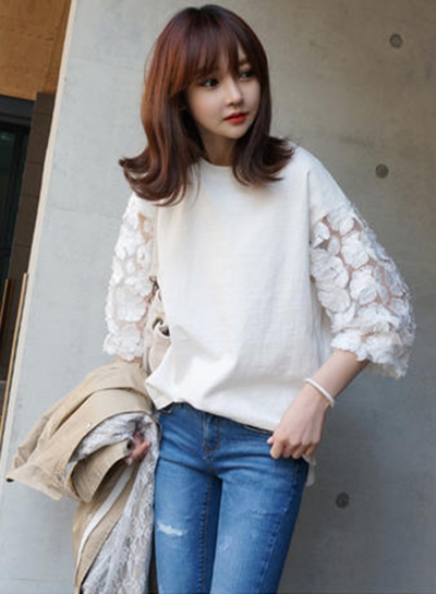 Casual 3/4 Sleeve Floral Lace Tee YOUYOUFASHIONEC.com