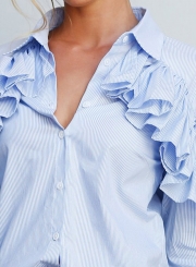 Fashion Long Flounce Sleeve Button down Stripe Shirt