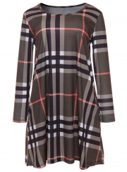 Fashion Round Neck Long Sleeve Plaid Printed Dress