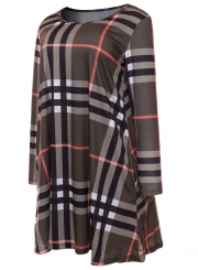 Fashion Round Neck Long Sleeve Plaid Printed Dress