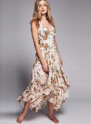 V Neck Sleeveless Floral Irregular Maxi Dress