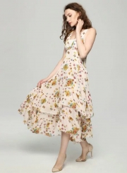 V Neck Sleeveless Floral Irregular Maxi Dress