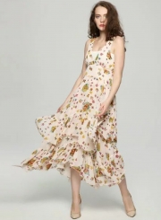 V Neck Sleeveless Floral Irregular Maxi Dress