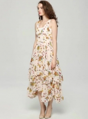 V Neck Sleeveless Floral Irregular Maxi Dress