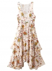 V Neck Sleeveless Floral Irregular Maxi Dress