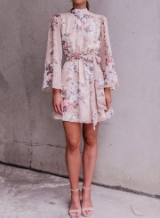 Mock Neck Long Sleeve Backless Tie Waist Floral Dress