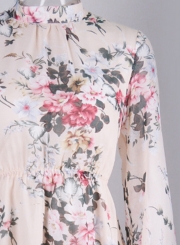 Mock Neck Long Sleeve Backless Tie Waist Floral Dress