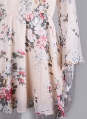 Mock Neck Long Sleeve Backless Tie Waist Floral Dress