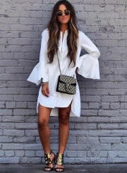 Casual Flare Sleeve High Low Shirt Dress
