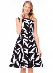 Vintage Sleeveless Leaf Printed A-line Dress