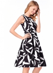 Vintage Sleeveless Leaf Printed A-line Dress