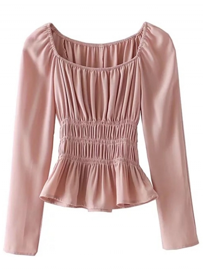 Fashion Long Sleeve Elastic Waist Ruched Blouse YOUYOUFASHIONEC.com