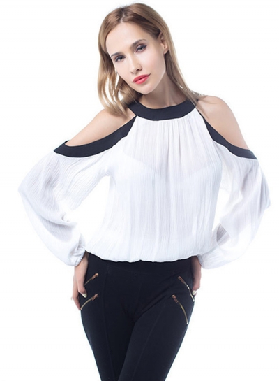 Fashion Off Shoulder Long Sleeve Loose Chiffon Blouse YOUYOUFASHIONEC.com