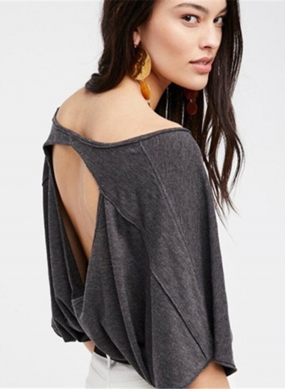 V Neck Short Sleeve Backless Loose Tee YOUYOUFASHIONEC.com